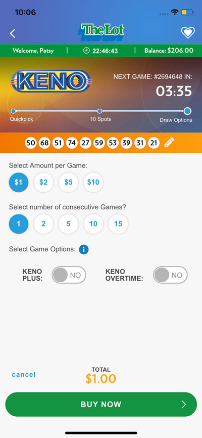 screenshot of mobile app Keno play