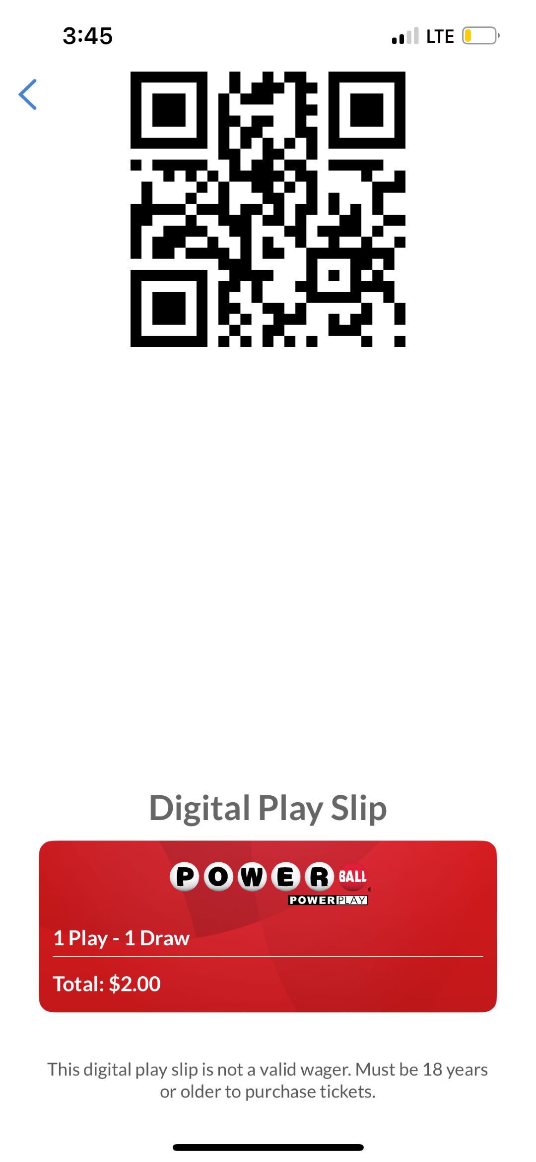screenshot of mobile app Powerball Play Slip